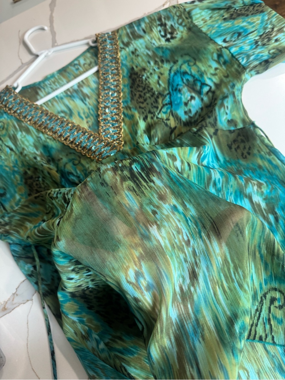 Embellished V-Neck Green Teal Printed Women’s Top peacock - Picture 7 of 7